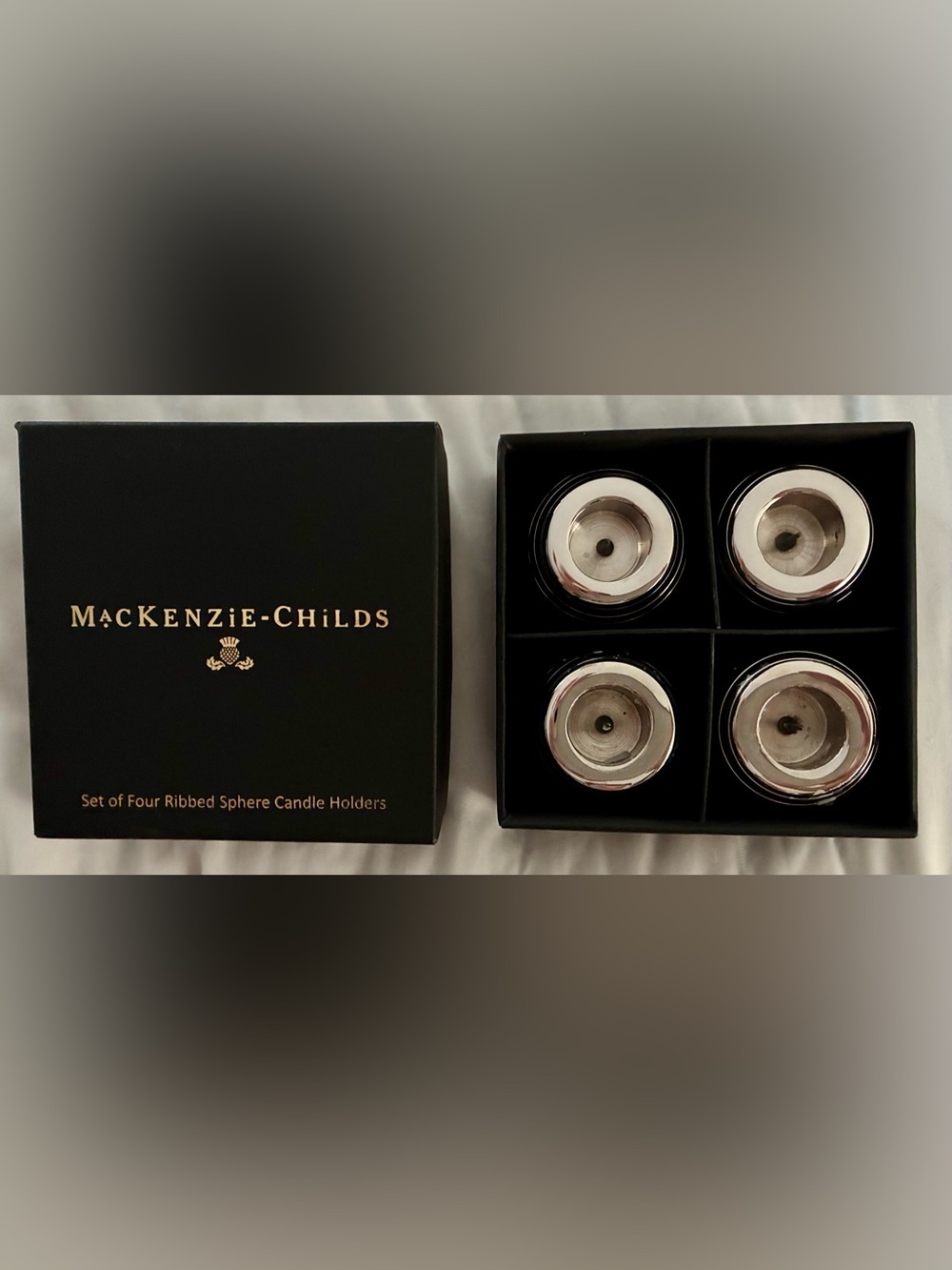 MacKenzie-Childs Navy Check Candles & Silver Ribbed Sphere Holders-RETIRED
